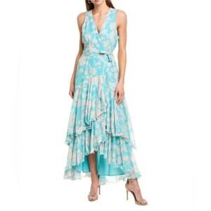 NEW Hutch Trinity Teal Cream Hi Low Tiered Wrap Dress, Large, MSRP $350